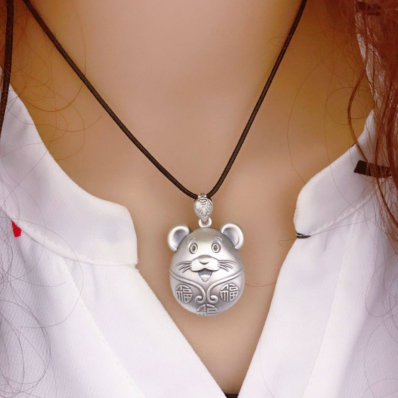 生肖小老鼠吊坠足银复古手工空心立体升官发财福鼠项坠
