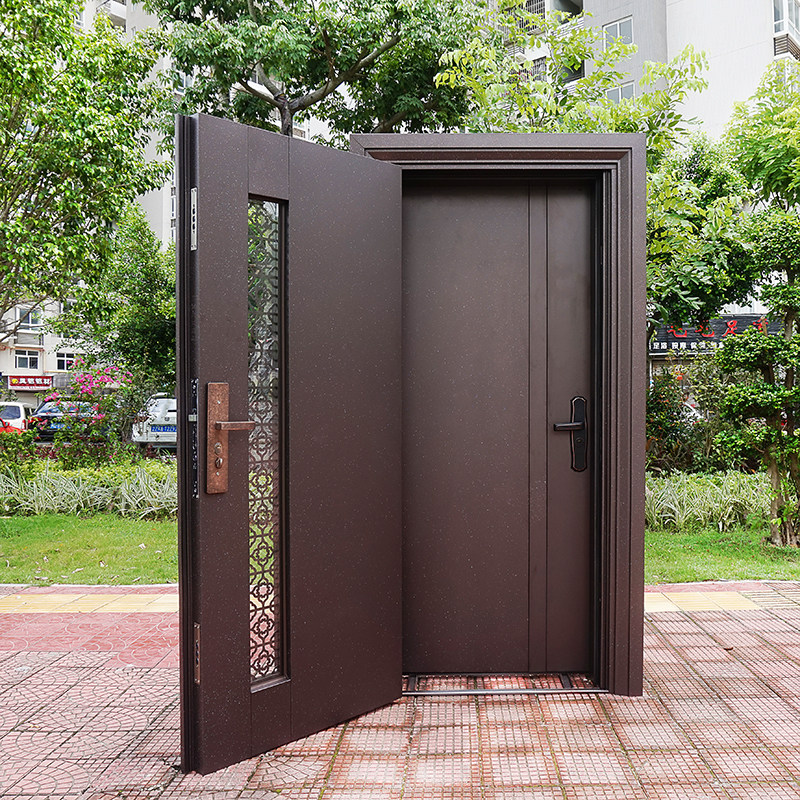 百祥新款入户双层防盗门双色真铜烤漆铸铝家用进户门