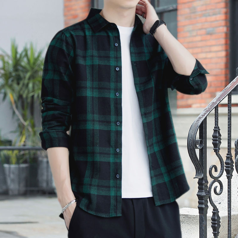 春秋款磨毛格子商务衬衫男士休闲修身长袖免烫衬衣复古高端男装