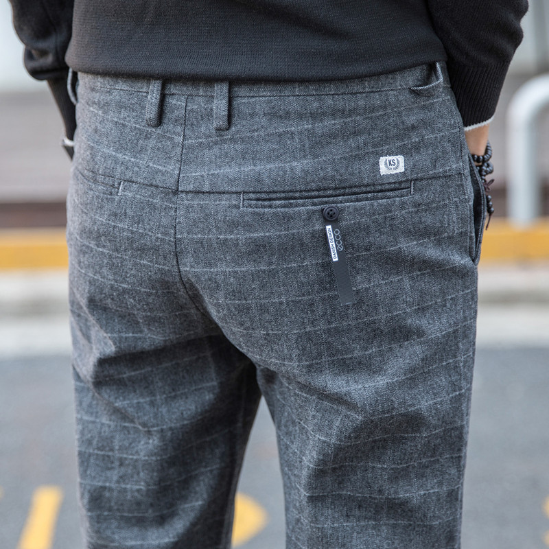 韩版裤子男潮流百搭格子英伦男士休闲长裤宽松直筒西裤男裤秋冬款