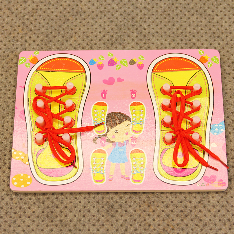 早教幼儿园木制儿童穿鞋板系鞋带拼板蒙氏三只早教教具