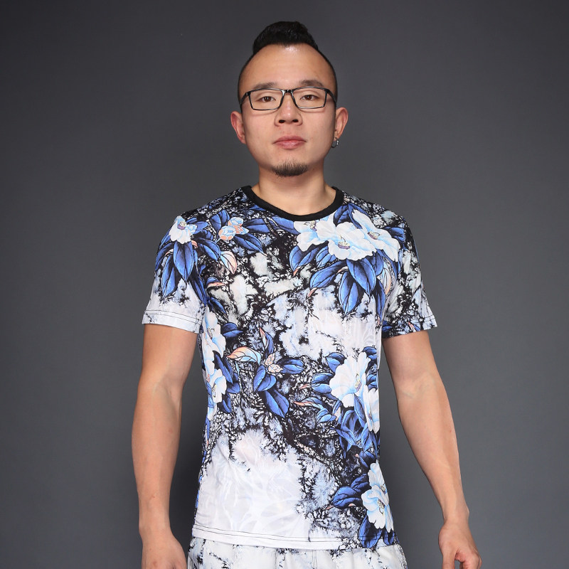 夏装潮男印花短袖t恤花朵体恤圆领沙滩度假青年半截袖大满花衣服