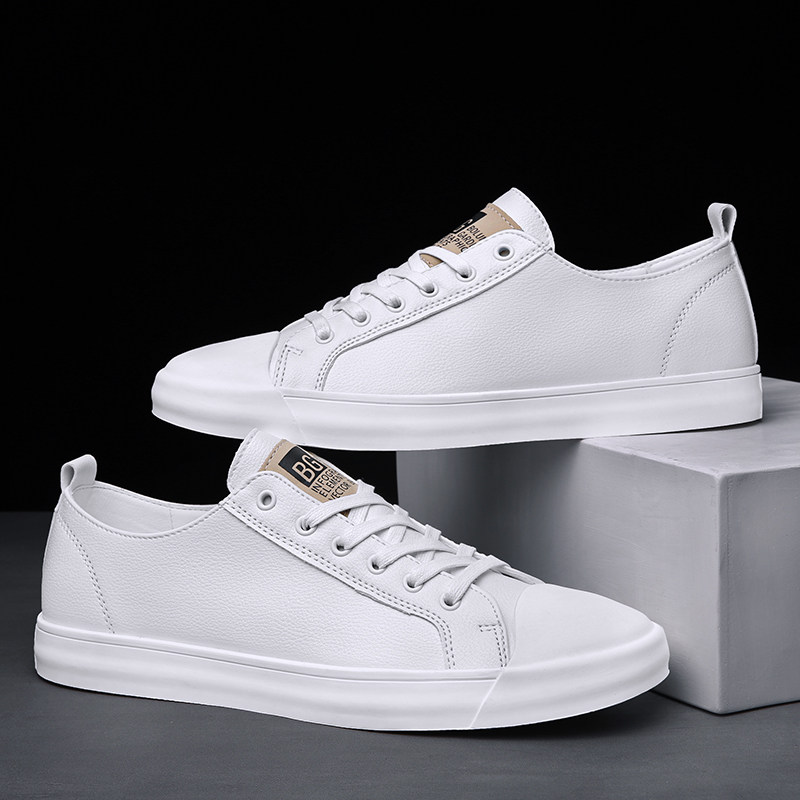 秋季白色板帮潮鞋低色板百搭男鞋皮鞋男士白鞋休闲皮鞋