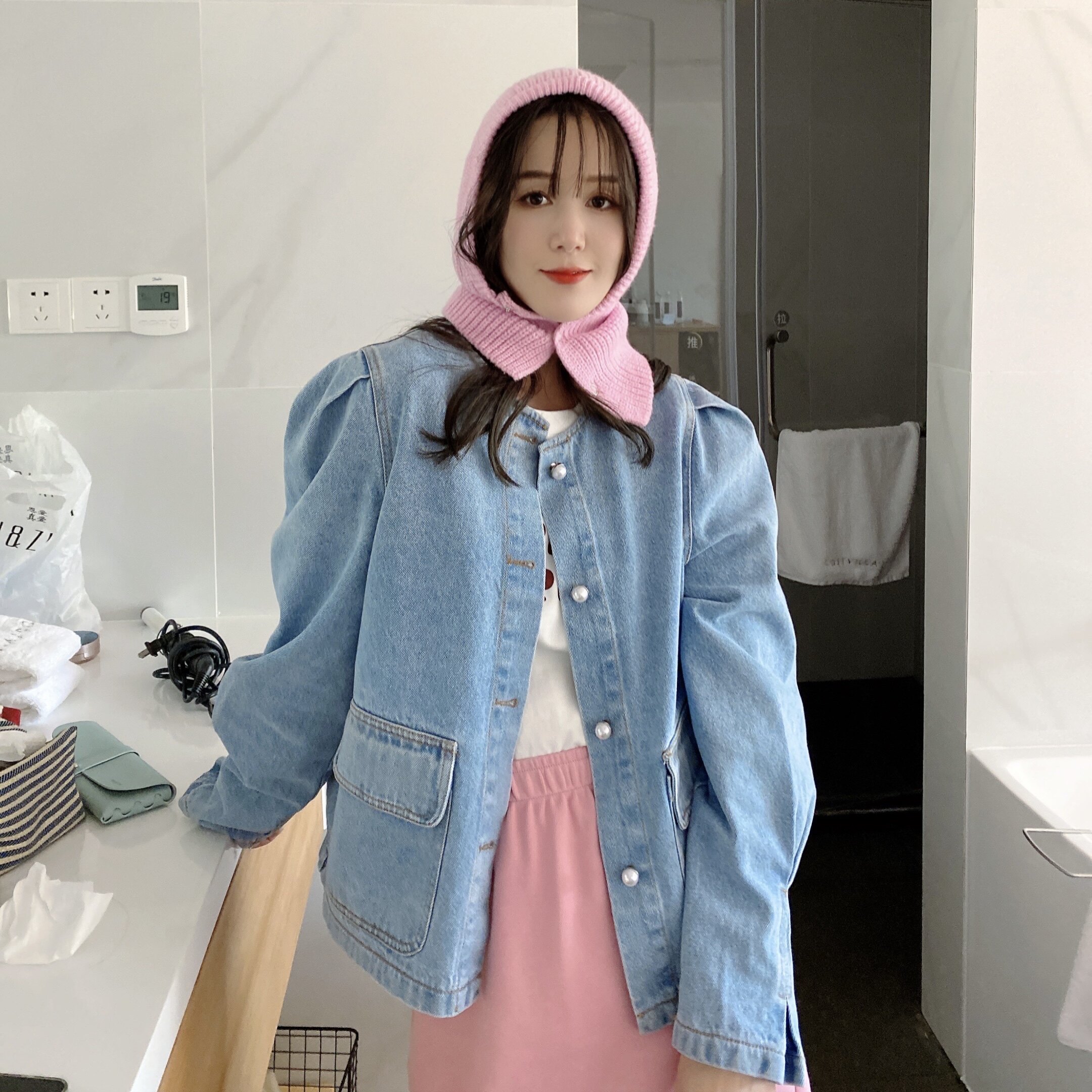 卡蔓kamanshi85正品圆领珍珠牛仔衣女韩版百搭休闲短外套