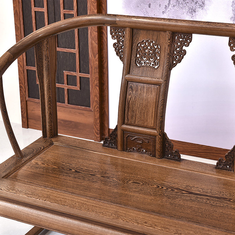 铭天下红木家具 鸡翅木三人座 古典椅中式实木长椅整装仿古沙发