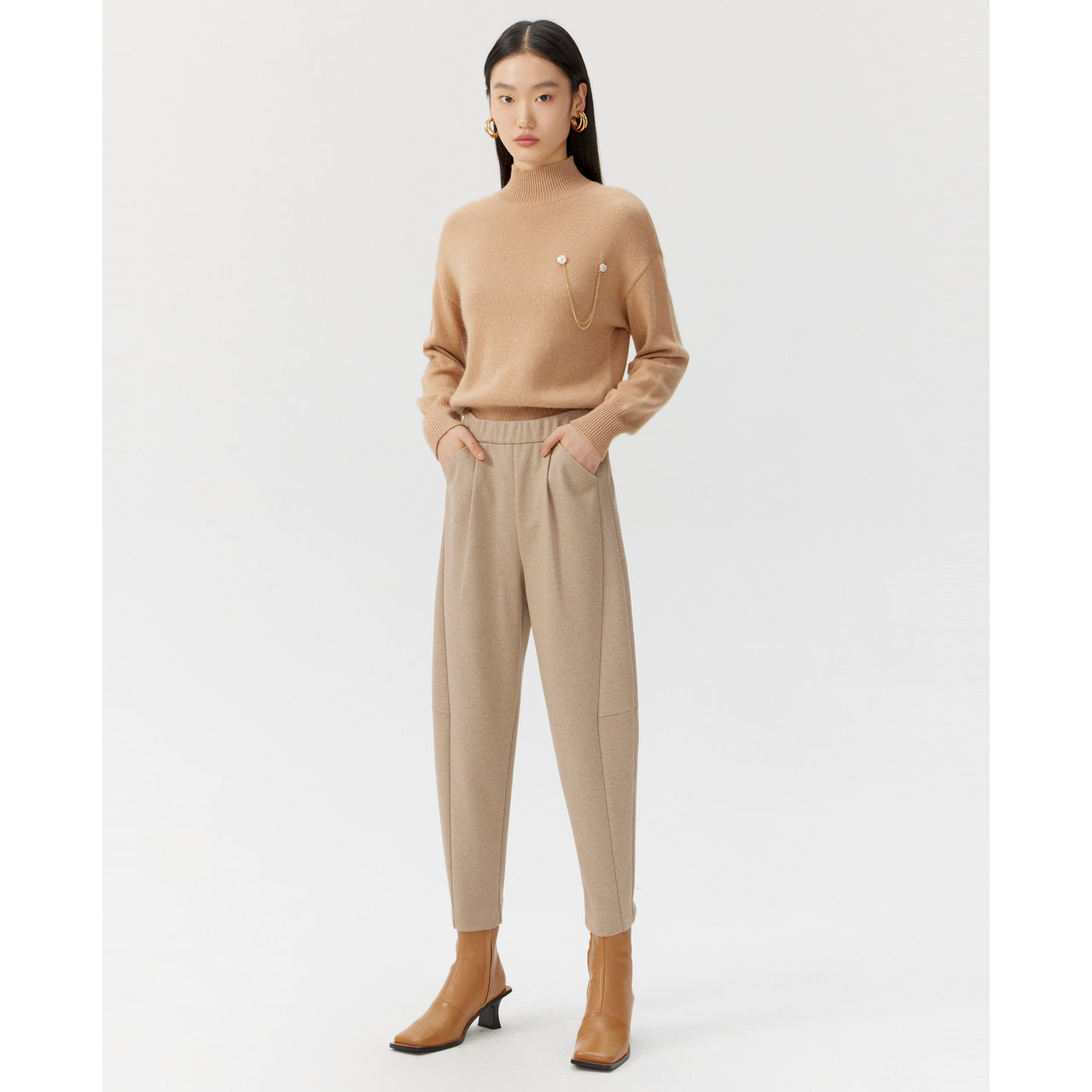 rococo2021冬季新品米色修身显瘦百搭微弹高腰锥形裤女长裤休闲裤