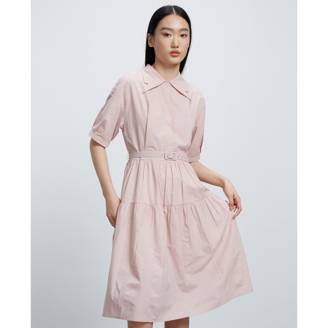 洛可可rococo夏季新款通勤粉色连衣裙收腰字裙褶皱连衣裙