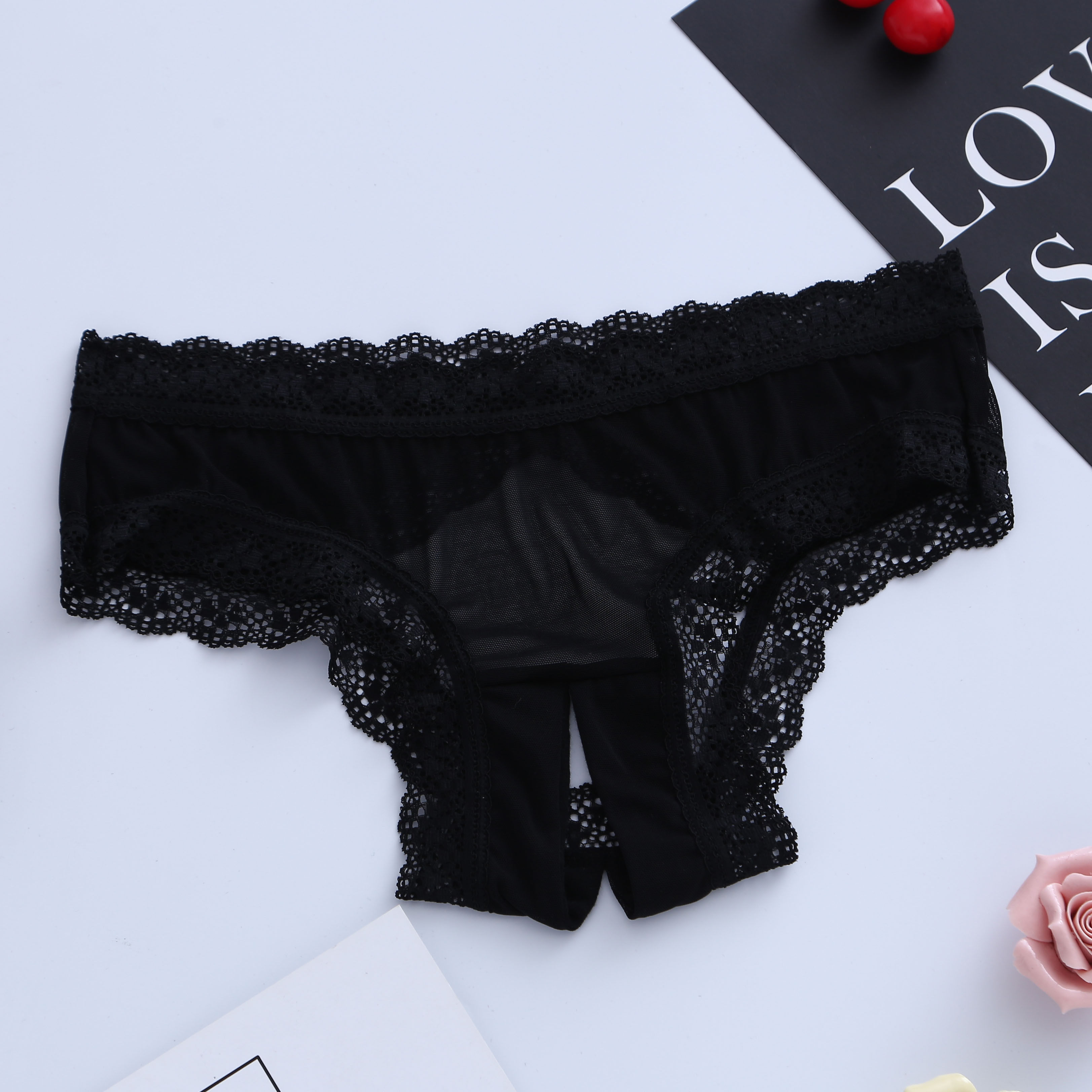 时尚开档性感蕾丝纯色内裤情趣透视超薄火辣女三角裤