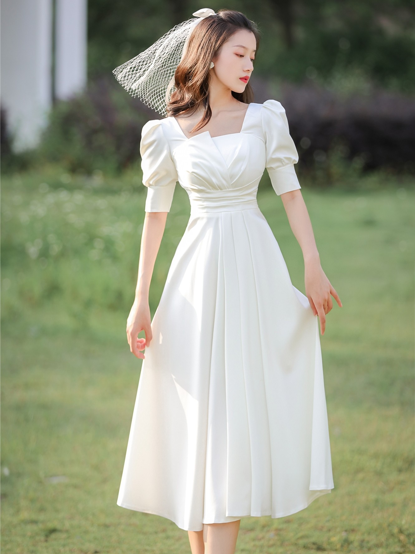 实拍现货领证白色晚礼服气质洋装登记连衣裙订婚 配同款头纱