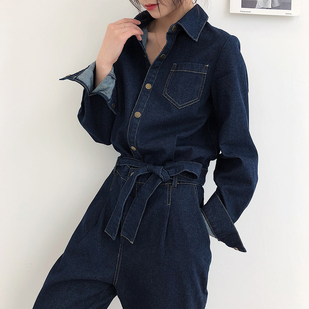 2020春装新款韩版长袖牛仔连体裤长裤女宽松显瘦bf工装连体衣