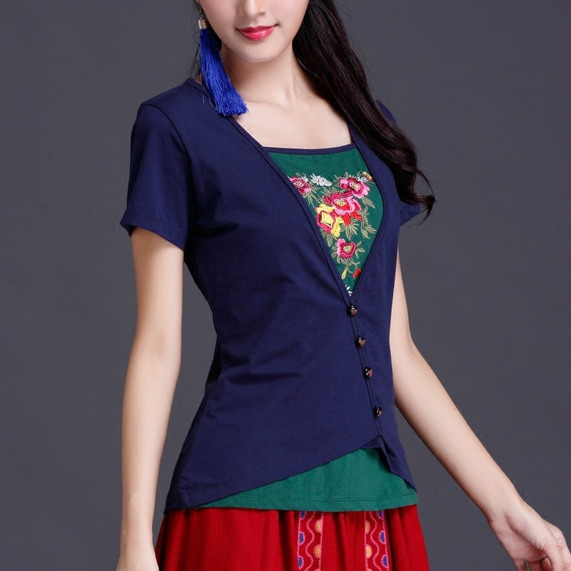 民族风女装夏装绣花上衣中国风刺绣棉短袖t恤女大码纯棉打底衫女