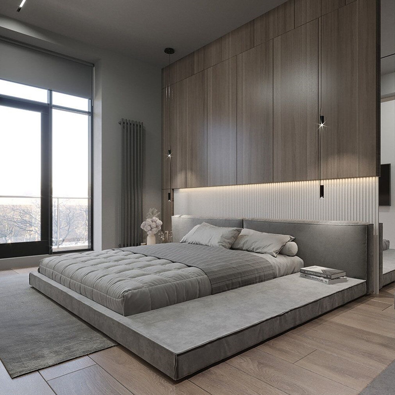 意式简约现代榻榻米定制工业别墅异形床头头大布艺床