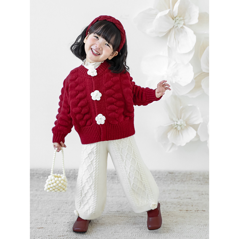幼悠女童针织毛衣开衫手工钩织花朵秋冬宝宝毛衣