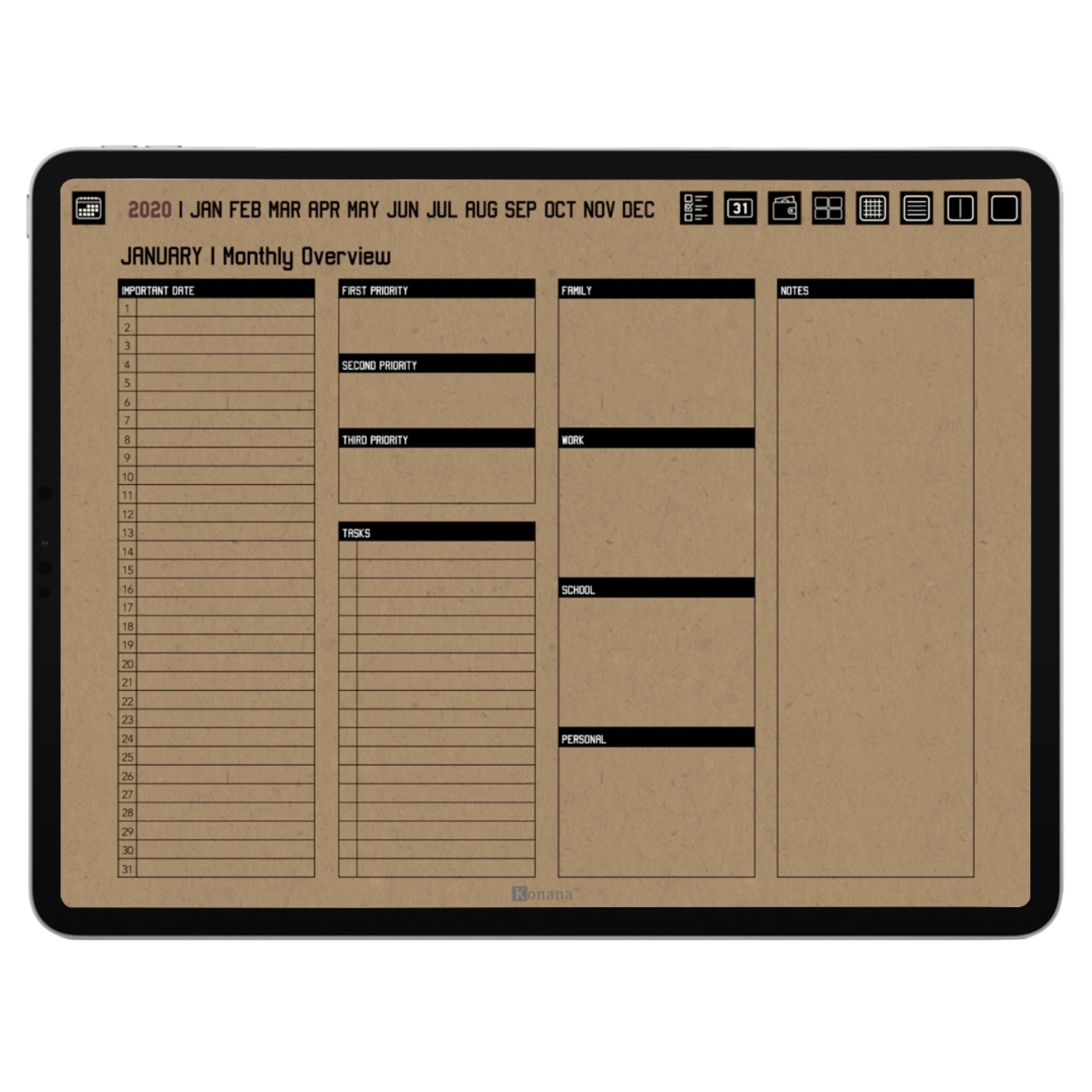 2020系列牛皮纸护眼电子手帐模板goodnotes每日超链接notability