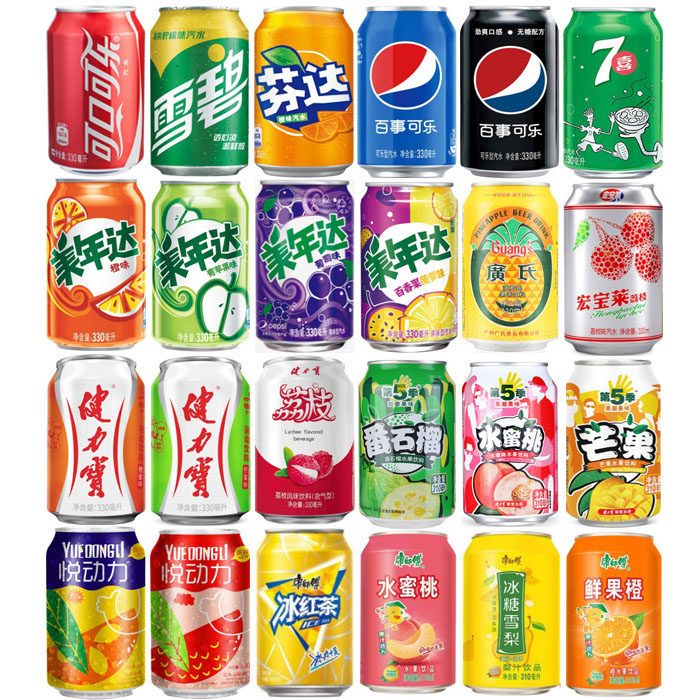 百事可乐雪碧可口可乐荔枝水美年达芬橙汁菠萝啤拼箱330ml碳酸饮料