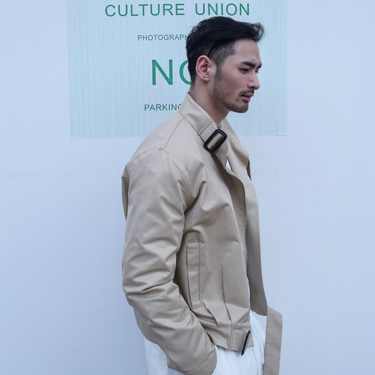 COLOUR U SOUL 春秋款韩国男装廓形立领褶皱设计风衣夹克外套短款