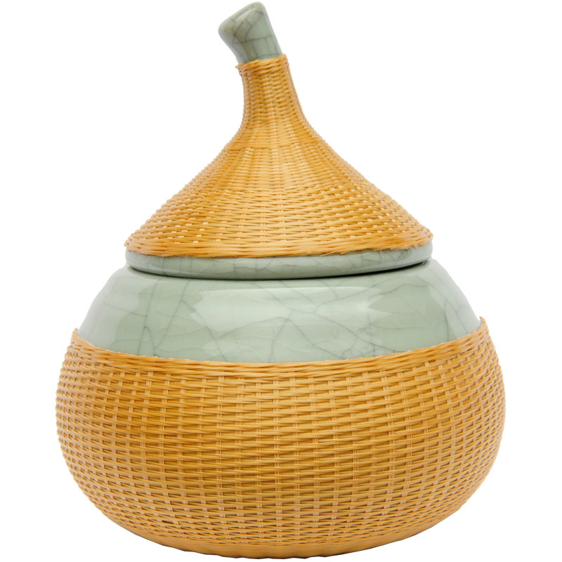 四川非遗手工艺品瓷竹编裂纹成都竹丝扣瓷茶叶罐竹编