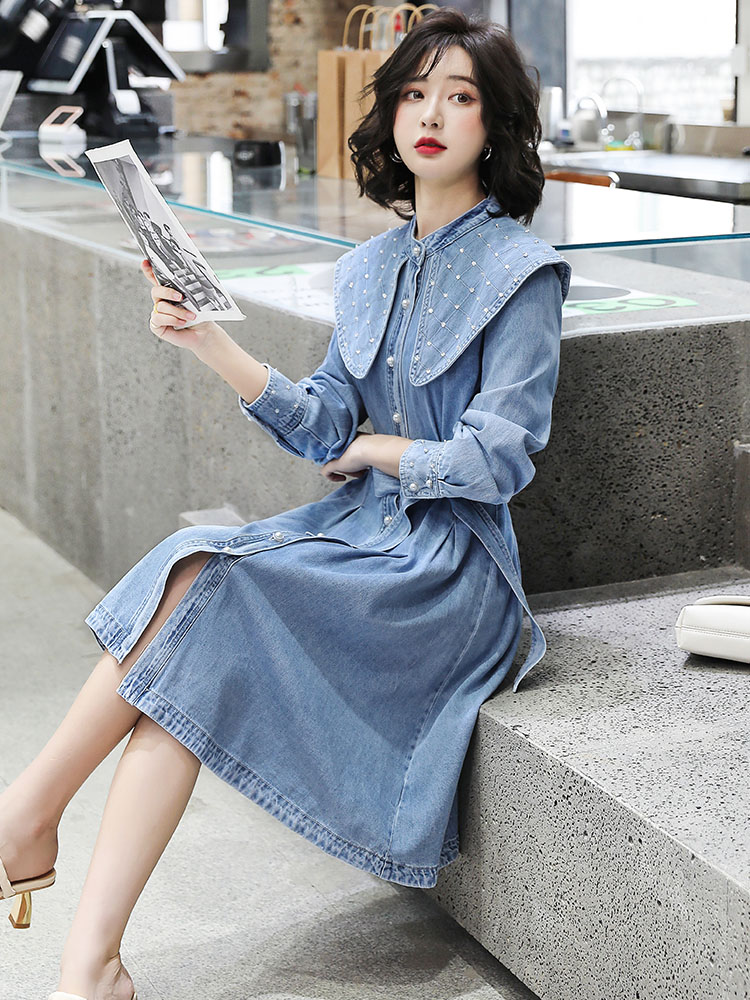 牛仔裙气质连衣裙连衣长款过膝娃娃韩版新款秋装连衣裙