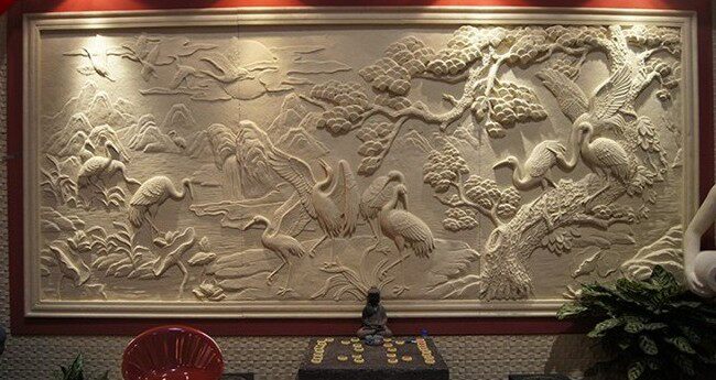 雕塑浮雕砂岩仙鹤花草沙雕电视沙发背景墙欧式砂岩背景墙