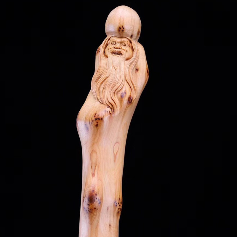 拐杖太行崖柏随型实木雕刻寿星老年人助行木棍太极棍
