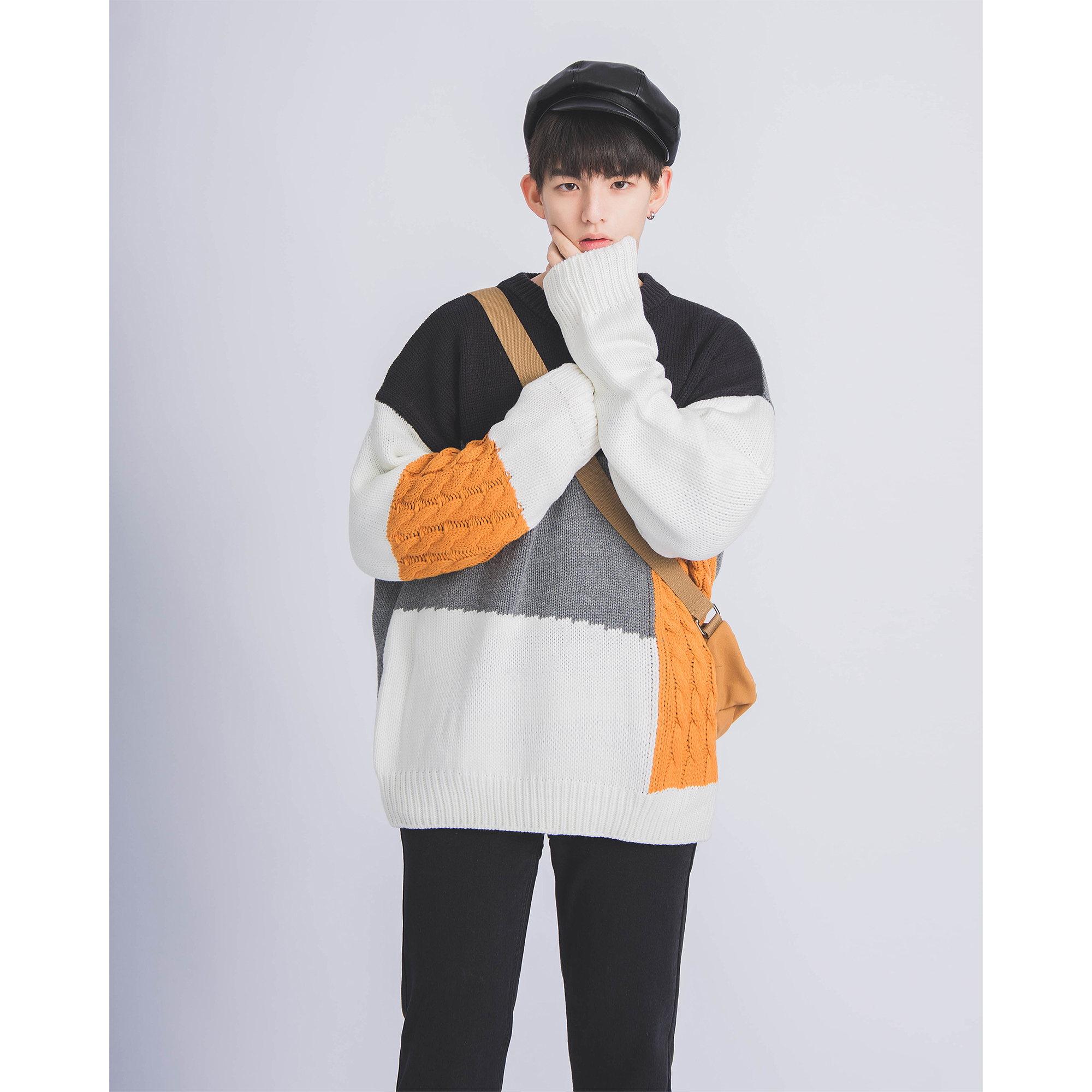 日系拼接毛衣男秋冬加厚宽松oversize韩版潮流情侣ins个性针织衫