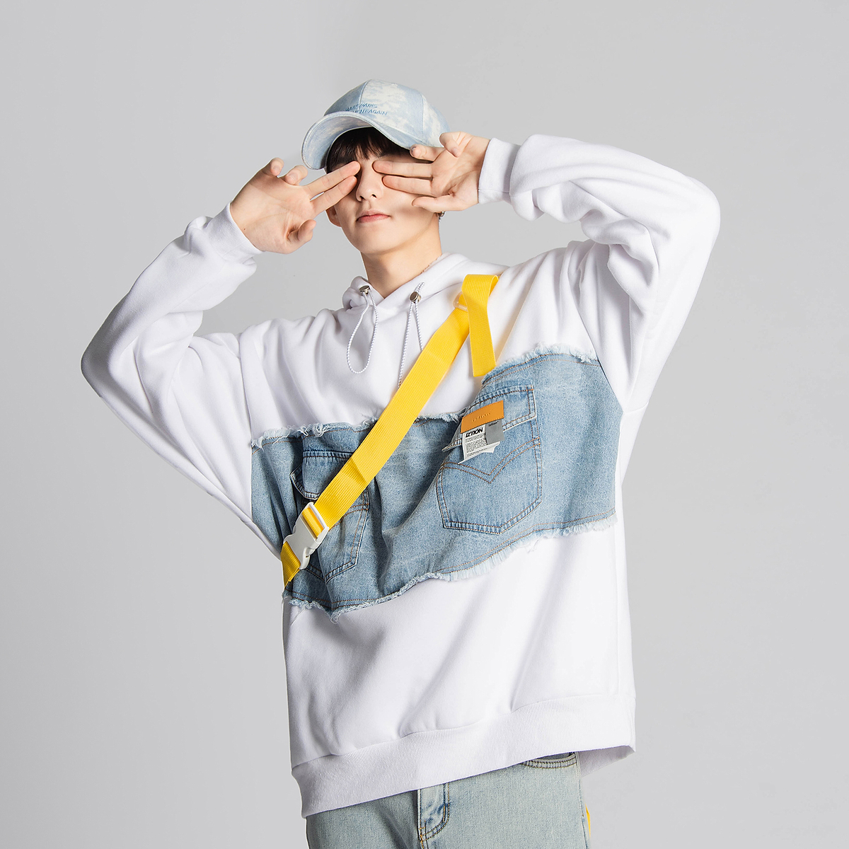 oops studios白色拼接牛仔卫衣男oversize青少年宽松潮牌情侣帽衫