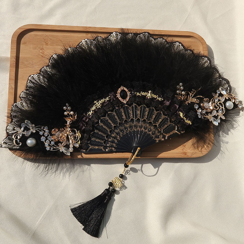 晚吟原创洛丽塔新款古典羽毛折扇暗黑哥特lolit工艺扇