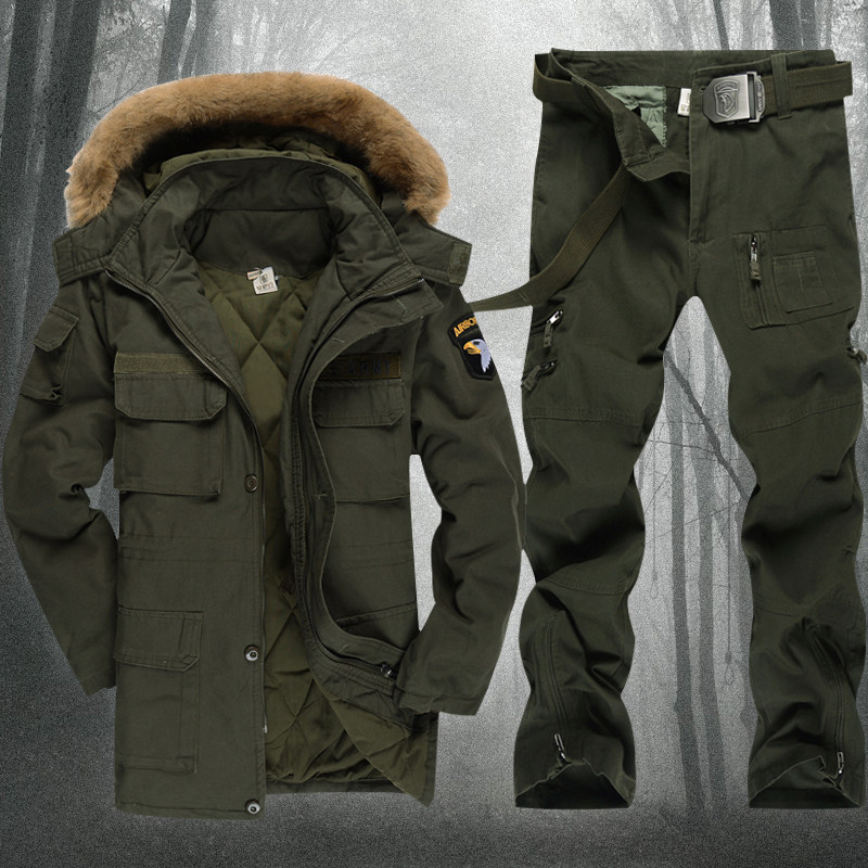 套装冬季保暖防寒绿色棉衣件套男士休闲运动纯棉休闲运动套装