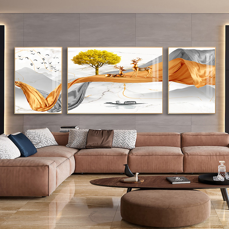 现代简约沙发背景墙装饰画山水风景挂画北欧客厅墙上三联壁画大气