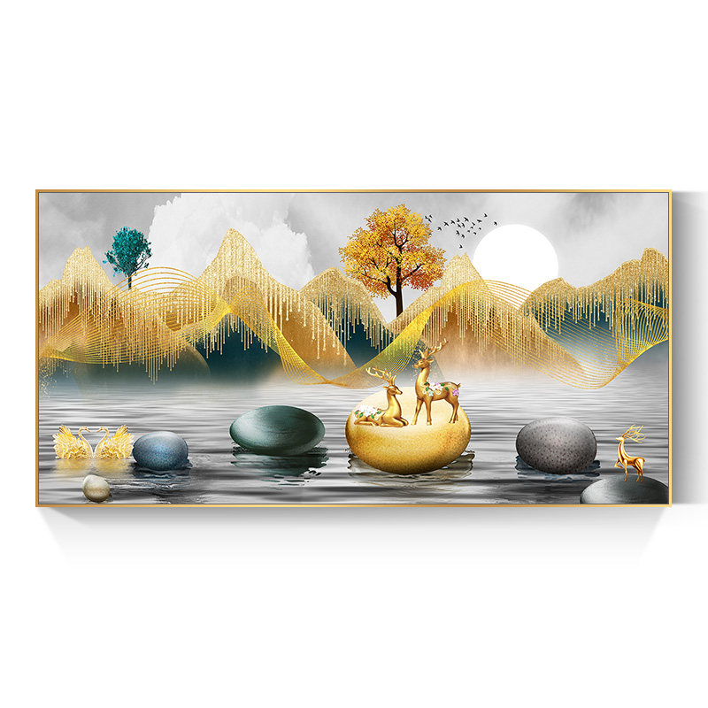 石来运转 招财山水画现代轻奢客厅装饰画金色大气沙发背景墙壁画￥126