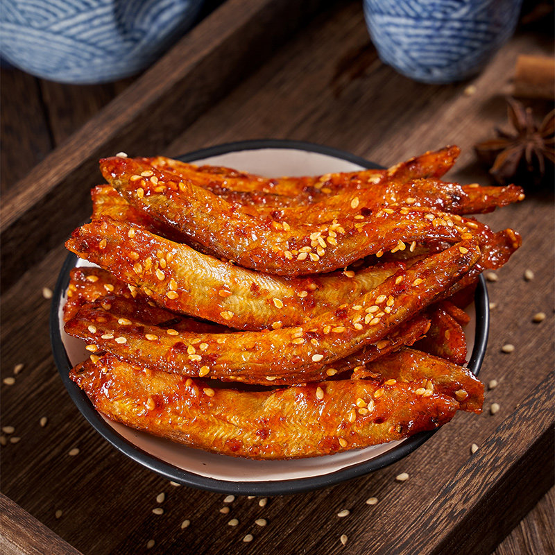 青岛麻辣蜜汁凤尾鱼罐装500g下饭饭菜即食香辣即食鱼零食