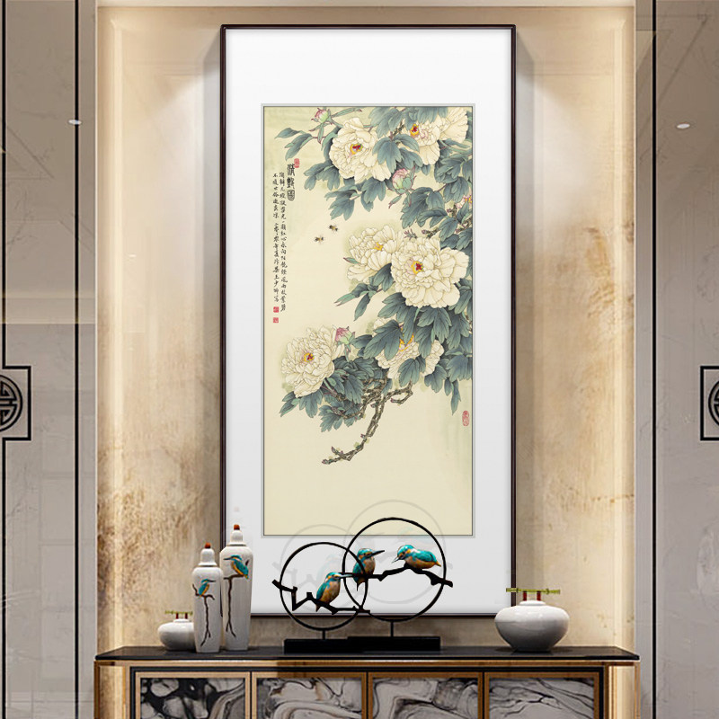 中式清艳挂画竖版牡丹装饰画走廊玄关新中式十年国画