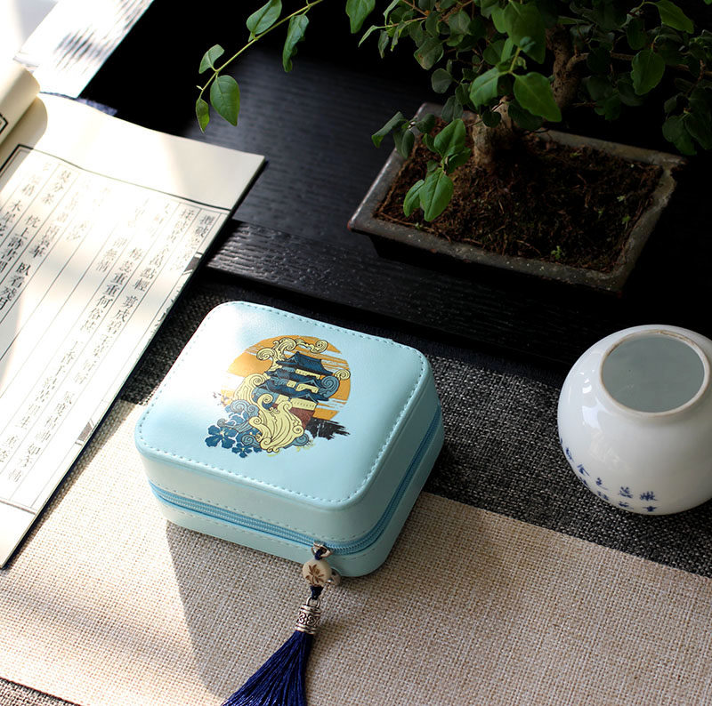 古风旅行便携小首饰盒双层迷你收纳盒带镜子 象牙果流苏吊坠刻字