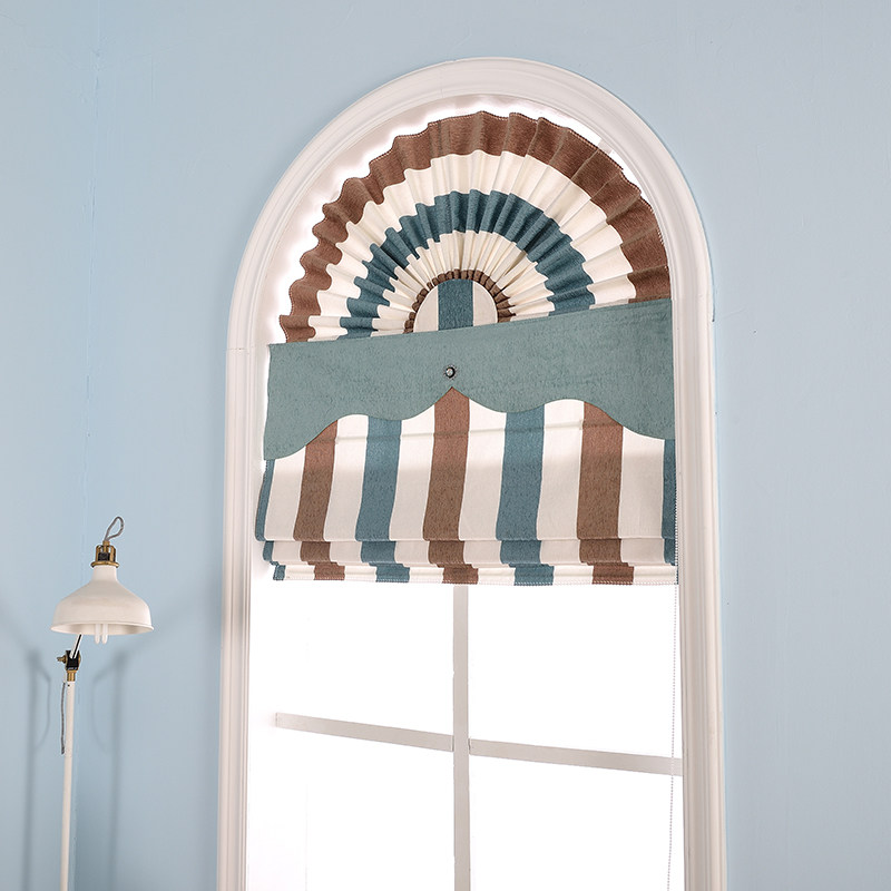 韩式粉色条纹罗马帘半圆拱形客厅小窗户美式特殊布艺扇形升降窗帘