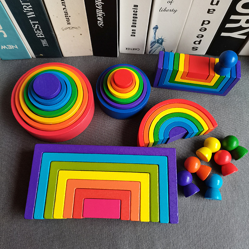 积木早教多彩半圆半圆形形状小人组合木制儿童塑料积木