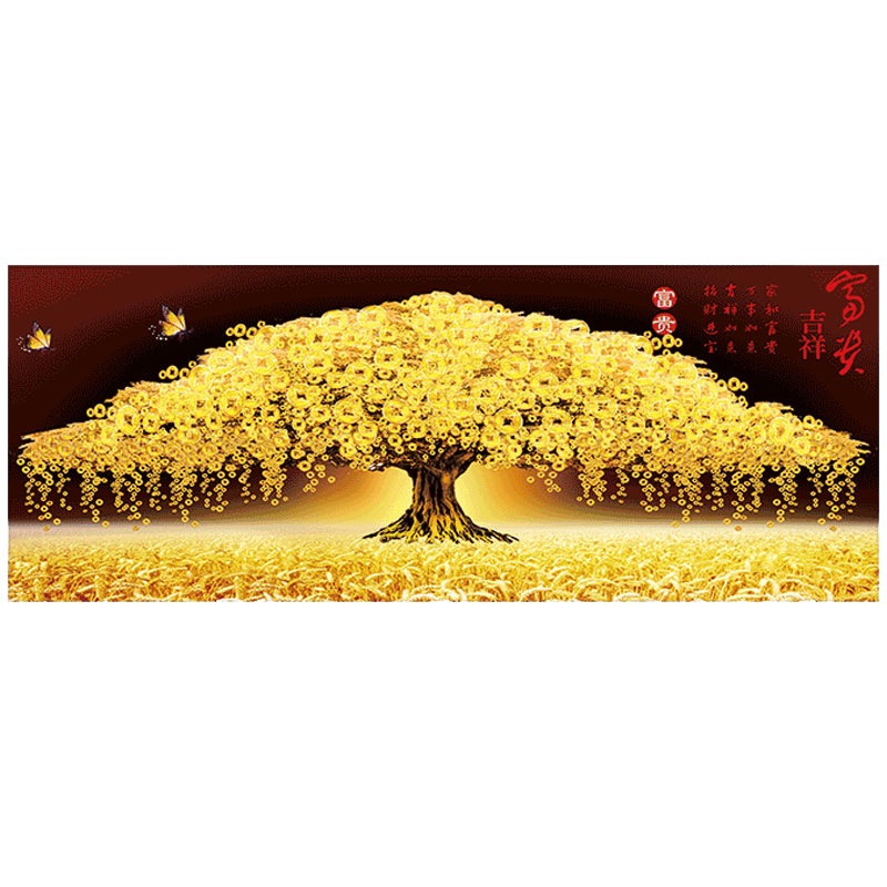 5d钻石发财新款黄金满地满钻摇钱树客厅水晶十字绣套件