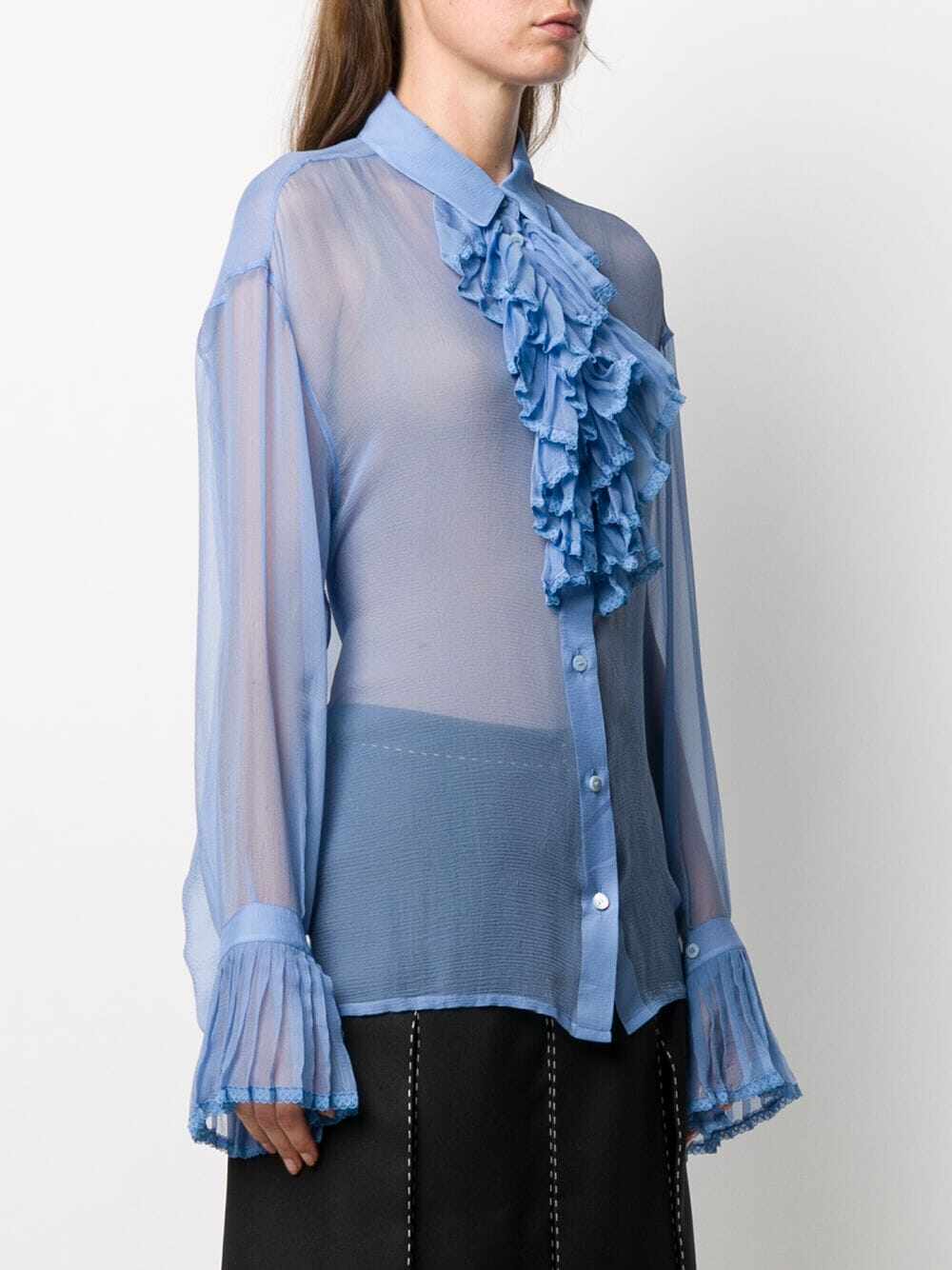 秋季新款复古设计荷叶边饰百褶袖口长袖透视衬衫