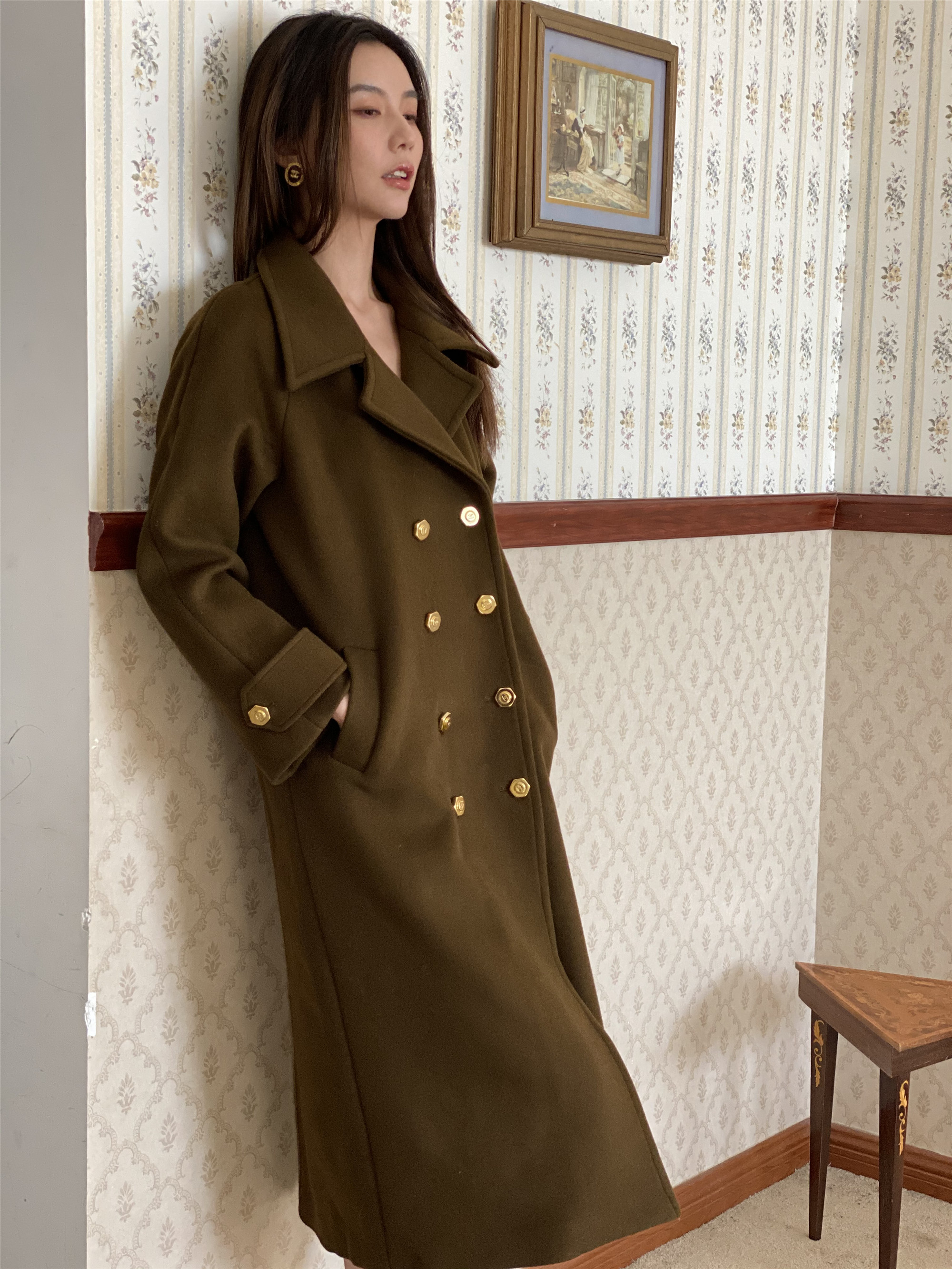 needshop12020年秋秋冬新款复古棕色双排双面毛呢大衣毛呢外套