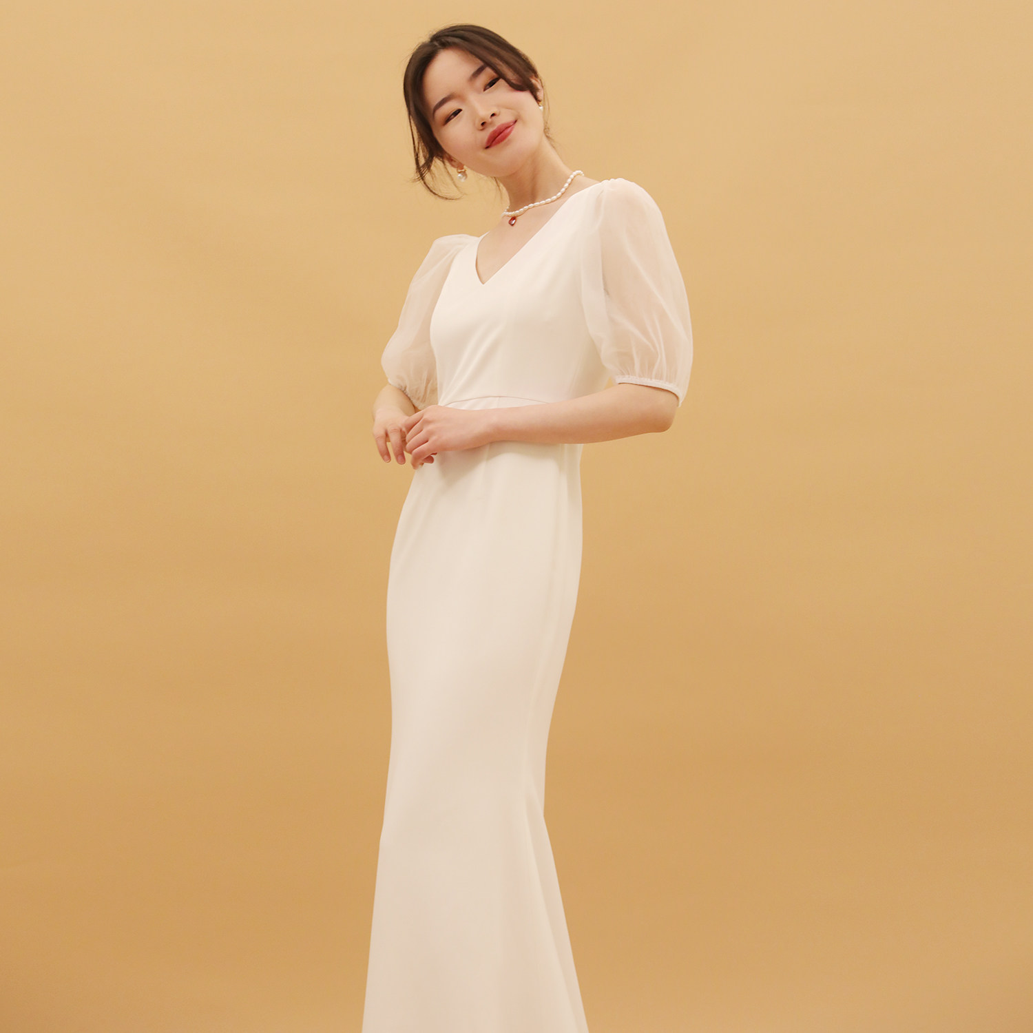 tansshop简约网纱泡泡袖收鱼尾拖地长裙礼服婚纱礼服