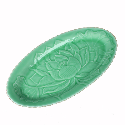 龙泉青瓷青莲花大鱼盘19英寸大号鱼盘家用酒店摆盘摆