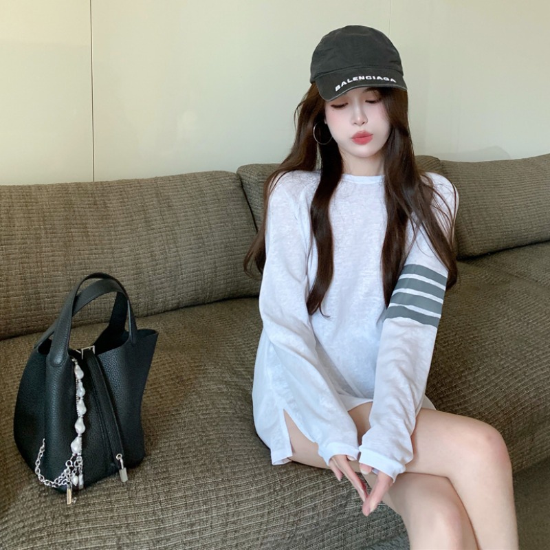 长袖防晒面纱衫时尚炸街别致上衣2022春夏薄款长袖宽松慵懒风T恤