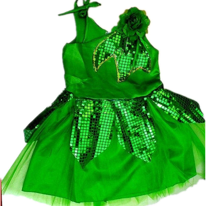 儿童演出服六一表演服女童环保秀树叶纱裙舞台舞蹈服装绿色小草02