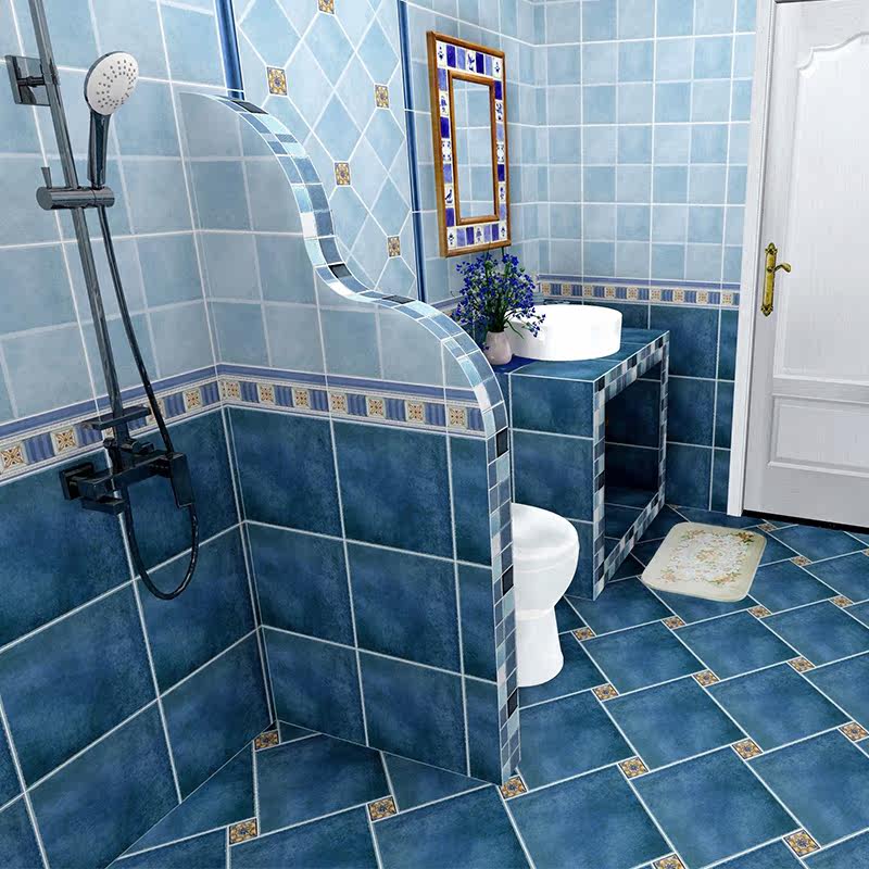 地中海简欧式蓝色瓷砖田园300仿古砖防滑耐磨浴室卫生间墙砖地砖