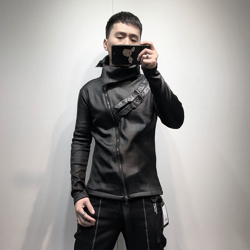 原宿冬季原创个性斜拉链拼接加绒加厚翻领卫衣男韩版修身打底衫潮