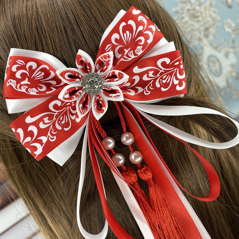 古风头饰汉服飘带发夹古装发饰后脑勺红色蝴蝶结发饰