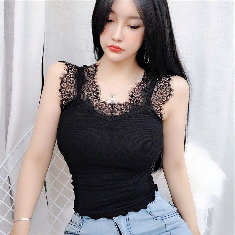 2020春夏新款韩国性感v领低胸打底蕾丝边吊带女主播网红背心上衣