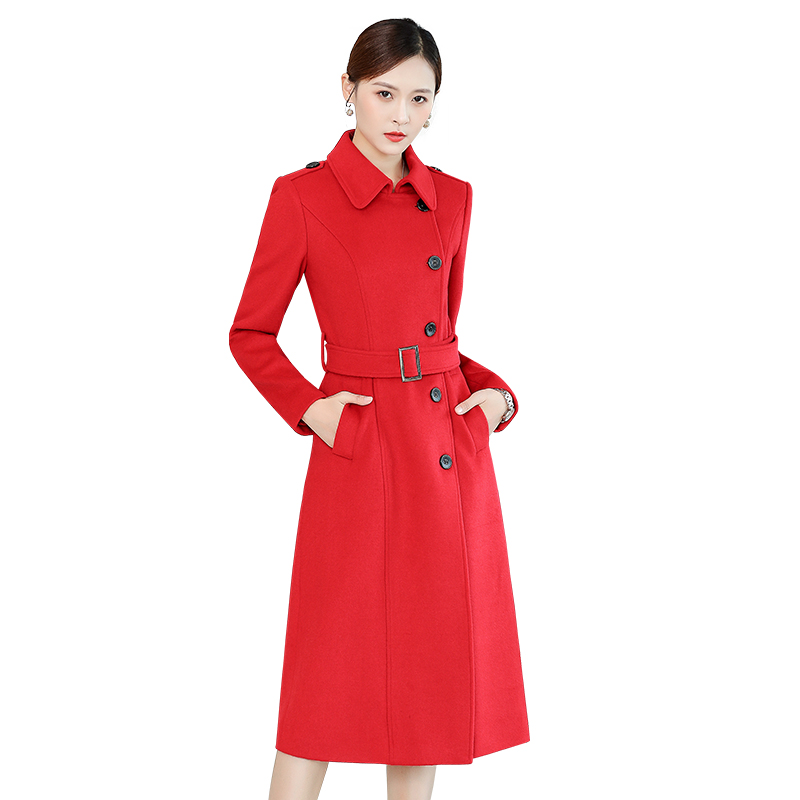 韩茗雅大红色呢子大衣女冬中长职业正装毛呢毛呢外套