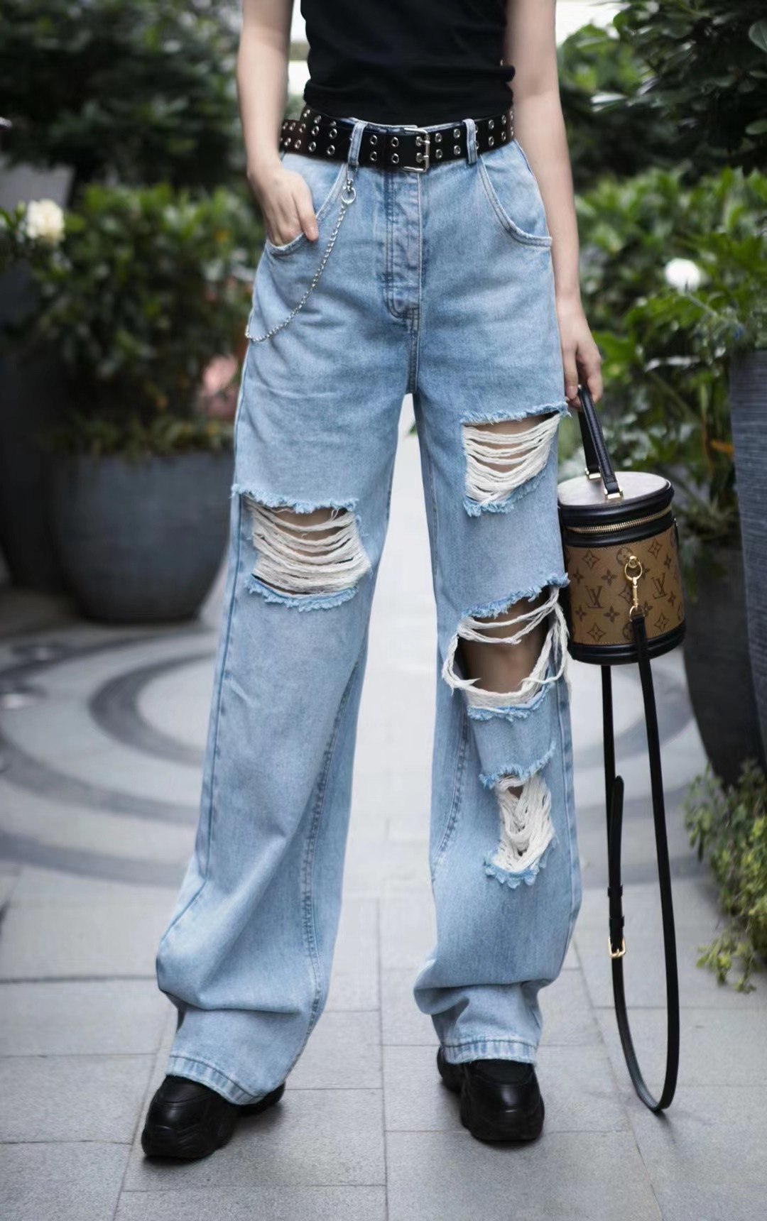 欧货大破破洞牛仔裤女夏新款高腰宽松腰带直筒牛仔裤