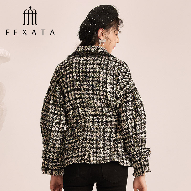 fexata女装2021冬装新品翻领领收腰粗花呢大衣毛呢外套