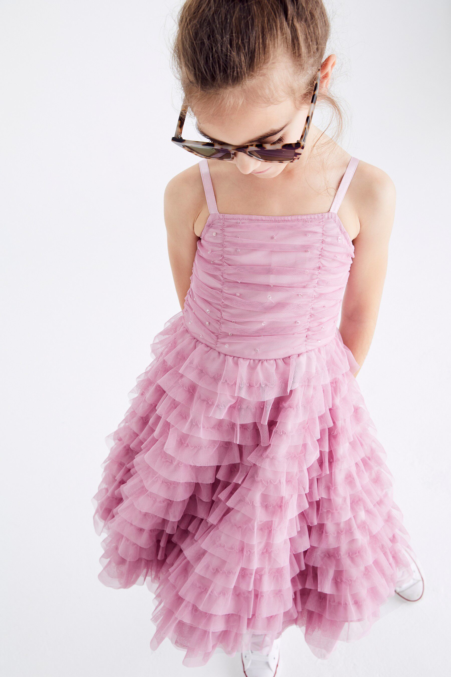 next英国女童童装正品21春女大童紫黄珍珠薄纱褶皱吊带礼服裙2色